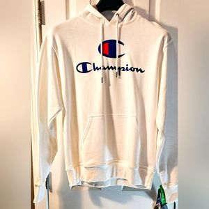 Champion Cream Hoodie with Blue Logo